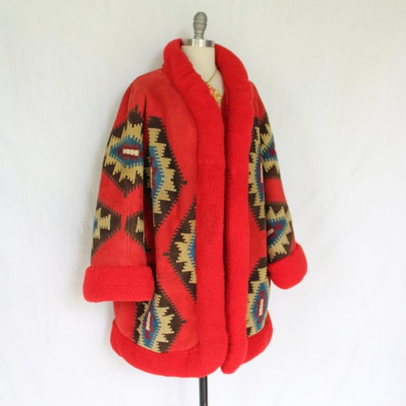 Vintage Valentino Boutique Shearling leather suede Aztec Tribal jacket coat - Picture 2 of 13